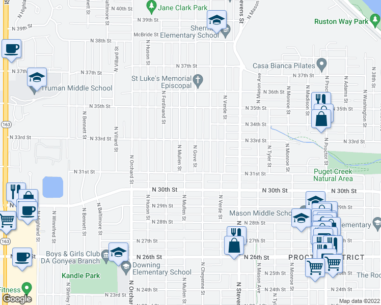 map of restaurants, bars, coffee shops, grocery stores, and more near 3130 North Gove Street in Tacoma