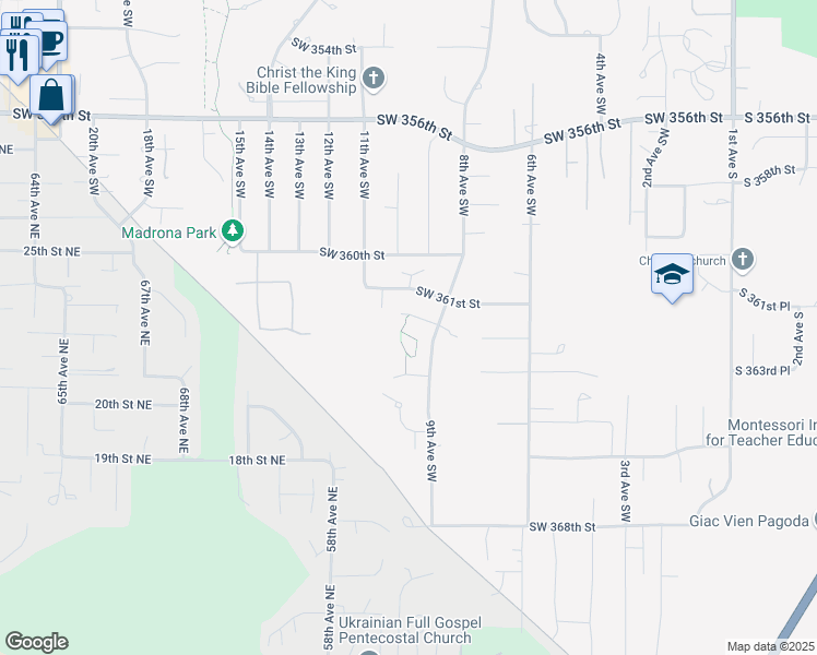 map of restaurants, bars, coffee shops, grocery stores, and more near 821 Southwest 363rd Place in Federal Way