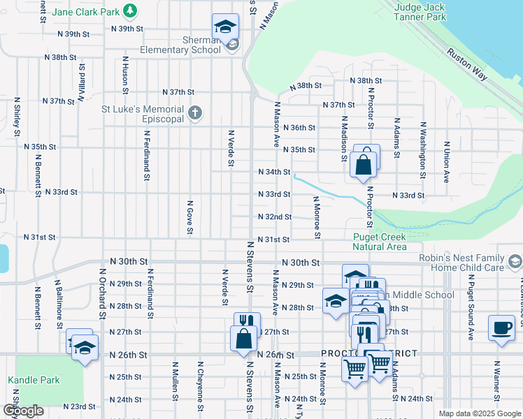 map of restaurants, bars, coffee shops, grocery stores, and more near 4321 North 32nd Street in Tacoma