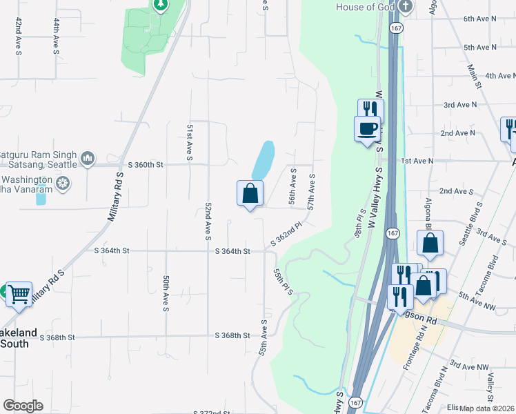 map of restaurants, bars, coffee shops, grocery stores, and more near 5330 South 362nd Street in Auburn