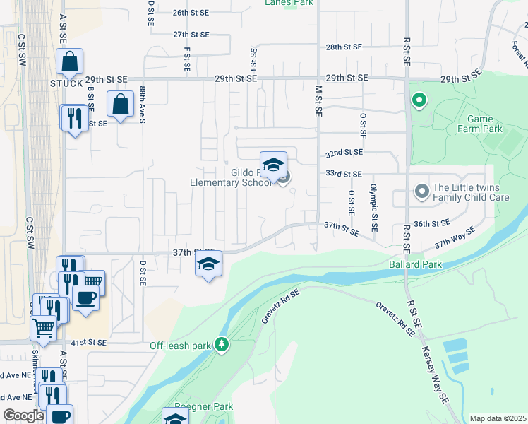 map of restaurants, bars, coffee shops, grocery stores, and more near 3602 I Street Southeast in Auburn