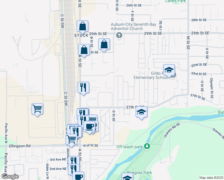 map of restaurants, bars, coffee shops, grocery stores, and more near 347 37th Place Southeast in Auburn