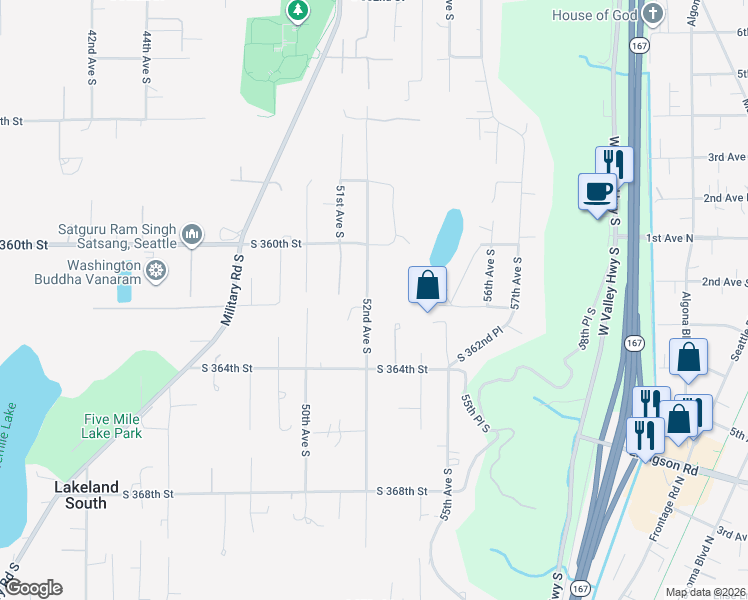 map of restaurants, bars, coffee shops, grocery stores, and more near 36204 52nd Avenue South in Auburn