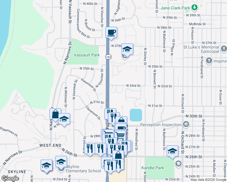 map of restaurants, bars, coffee shops, grocery stores, and more near 5810 North 33rd Street in Tacoma