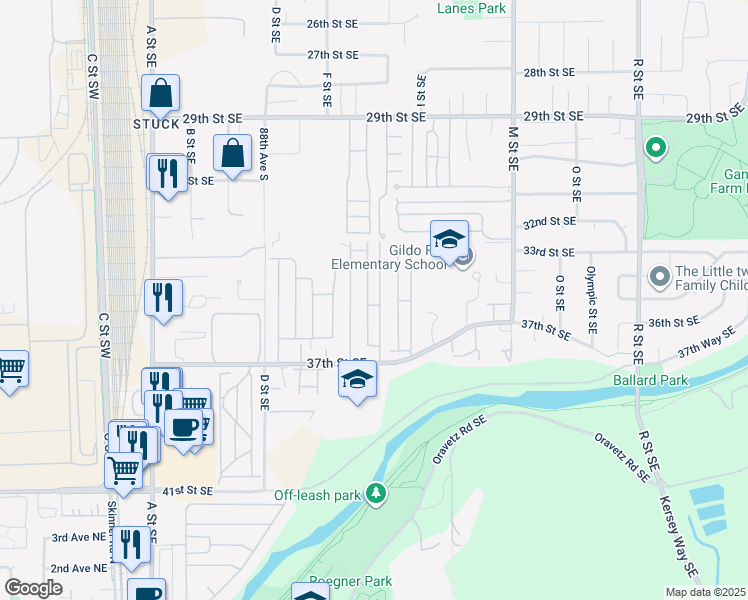 map of restaurants, bars, coffee shops, grocery stores, and more near 707 37th Street Southeast in Auburn