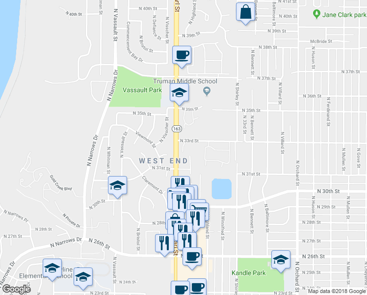 map of restaurants, bars, coffee shops, grocery stores, and more near 5810 North 33rd Street in Tacoma
