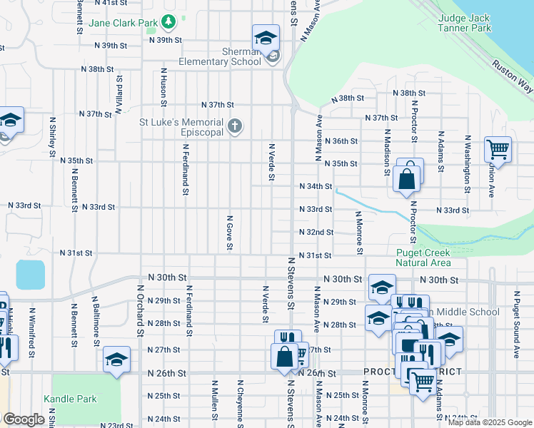 map of restaurants, bars, coffee shops, grocery stores, and more near 4502 North 33rd Street in Tacoma