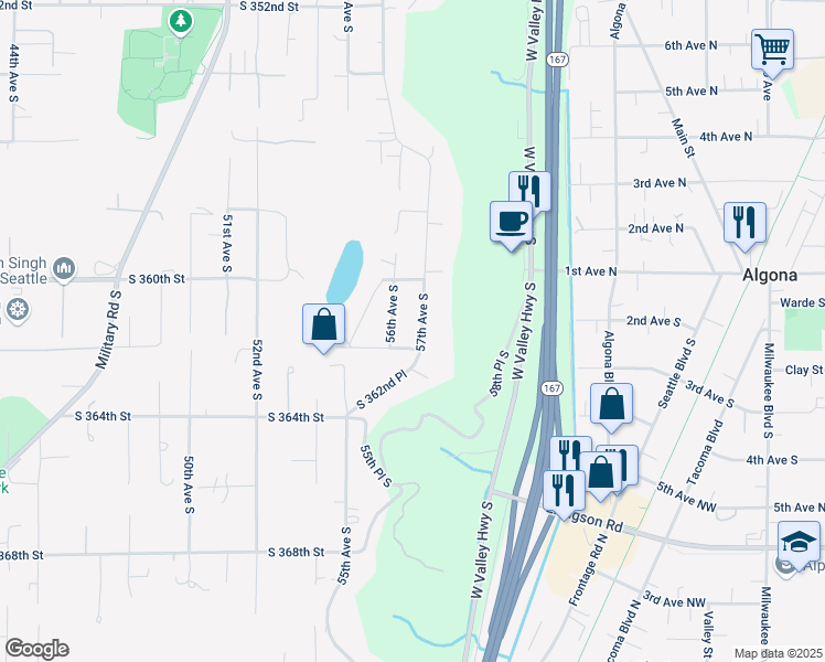 map of restaurants, bars, coffee shops, grocery stores, and more near 36045 57th Avenue South in Auburn
