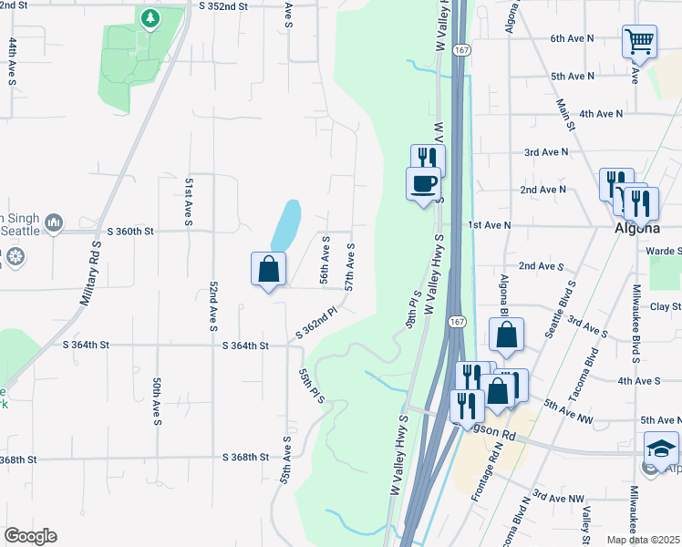 map of restaurants, bars, coffee shops, grocery stores, and more near 36045 57th Avenue South in Auburn