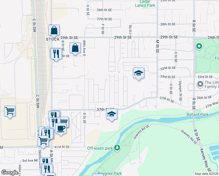map of restaurants, bars, coffee shops, grocery stores, and more near 707 37th ##37 Street Southeast in Auburn
