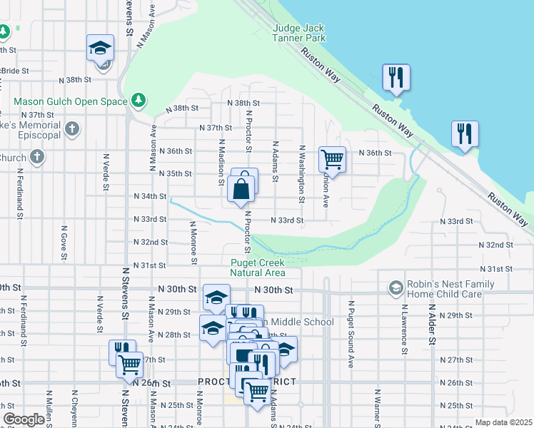map of restaurants, bars, coffee shops, grocery stores, and more near 3319 North Adams Street in Tacoma