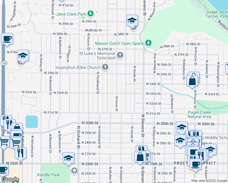 map of restaurants, bars, coffee shops, grocery stores, and more near 3322 North Gove Street in Tacoma