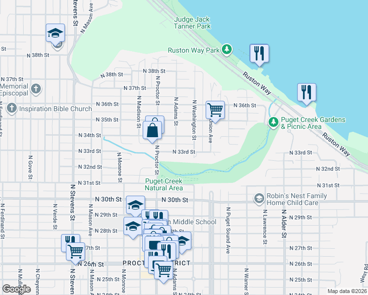 map of restaurants, bars, coffee shops, grocery stores, and more near 3319 North Adams Street in Tacoma