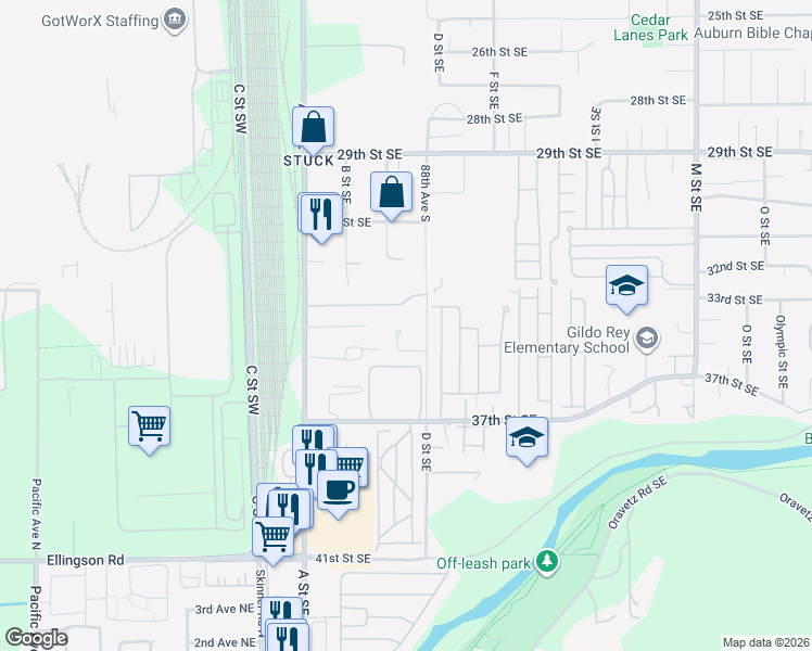 map of restaurants, bars, coffee shops, grocery stores, and more near 3402 C Court Southeast in Auburn