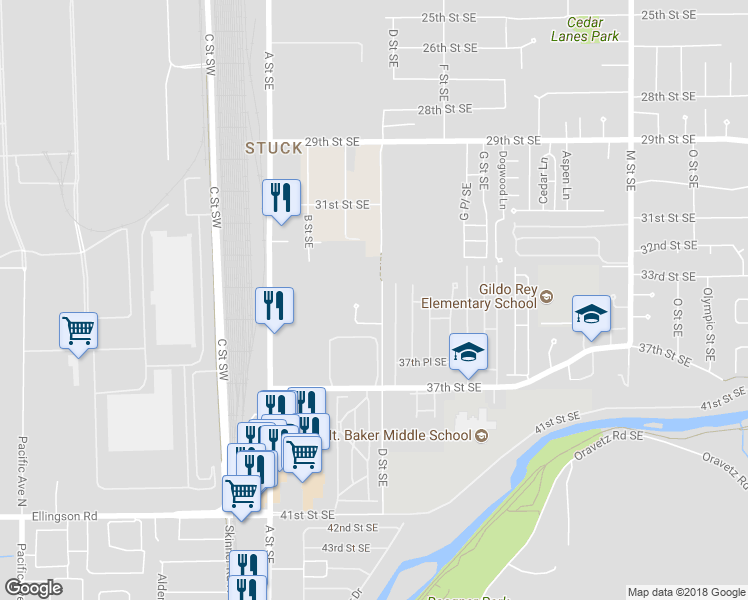 map of restaurants, bars, coffee shops, grocery stores, and more near 3403 D Street Southeast in Auburn