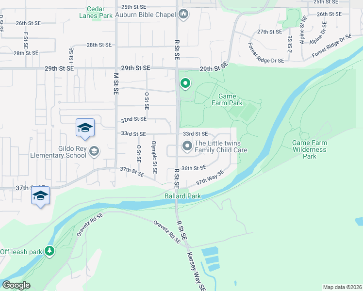 map of restaurants, bars, coffee shops, grocery stores, and more near 5597 34th Street Southeast in Auburn