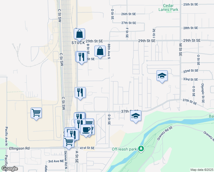 map of restaurants, bars, coffee shops, grocery stores, and more near 3403 D Street Southeast in Auburn