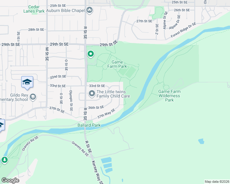 map of restaurants, bars, coffee shops, grocery stores, and more near 3315 V Street Southeast in Auburn