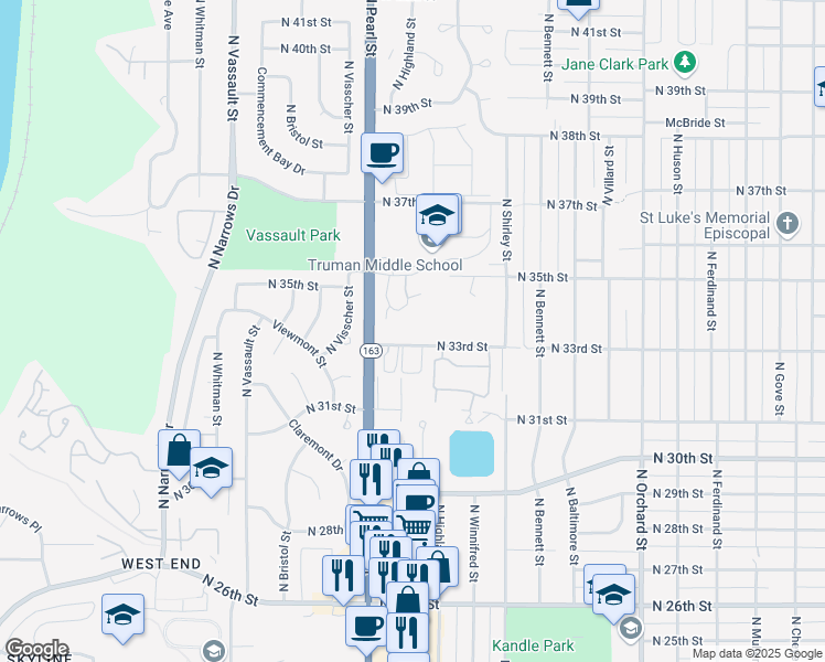 map of restaurants, bars, coffee shops, grocery stores, and more near 5715 North 33rd Street in Tacoma