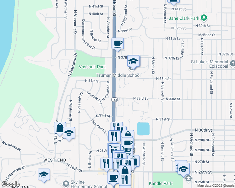 map of restaurants, bars, coffee shops, grocery stores, and more near 5821 North 33rd Street in Tacoma
