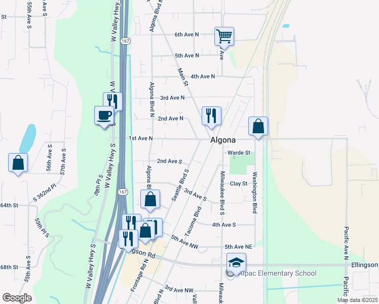 map of restaurants, bars, coffee shops, grocery stores, and more near 119 Seattle Boulevard North in Algona
