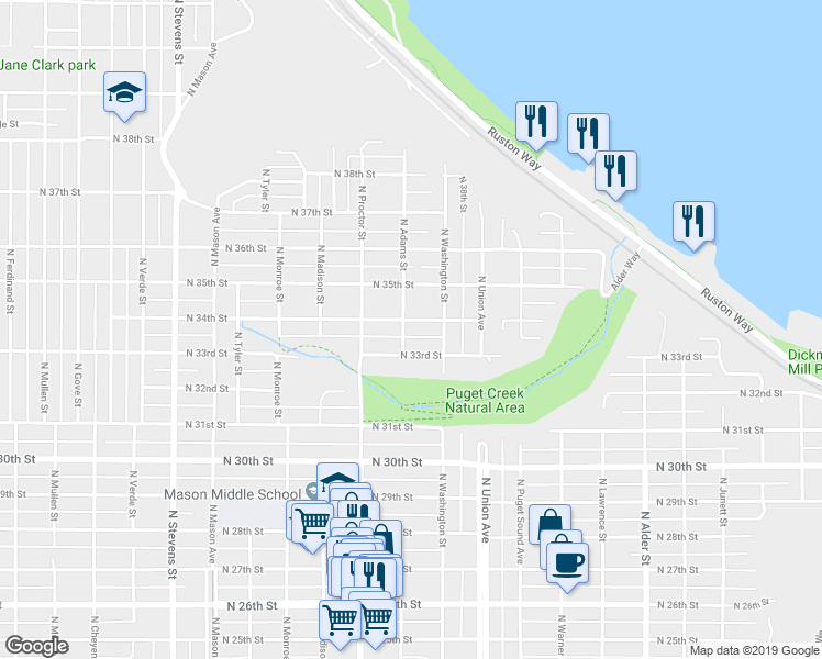map of restaurants, bars, coffee shops, grocery stores, and more near 3319 North Adams Street in Tacoma