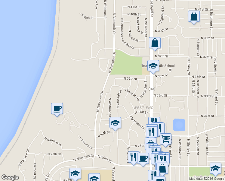 map of restaurants, bars, coffee shops, grocery stores, and more near 3329 North Whitman Street in Tacoma
