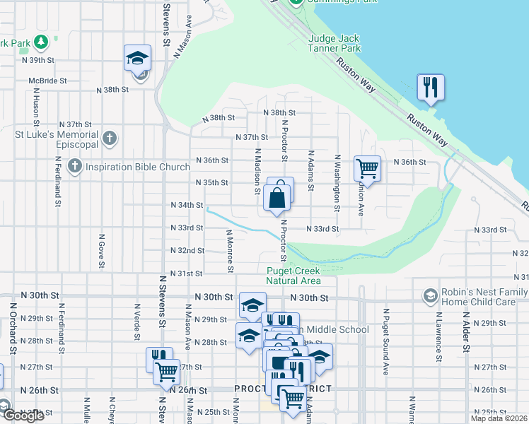 map of restaurants, bars, coffee shops, grocery stores, and more near 3920 North 34th Street in Tacoma
