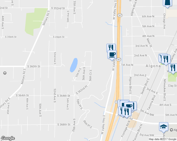 map of restaurants, bars, coffee shops, grocery stores, and more near 36021 57th Avenue South in Auburn
