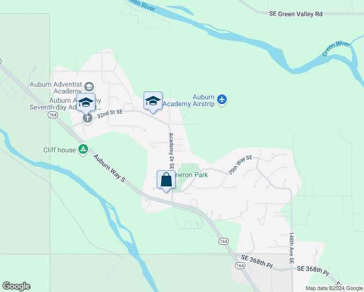 map of restaurants, bars, coffee shops, grocery stores, and more near 3522 Academy Drive Southeast in Auburn