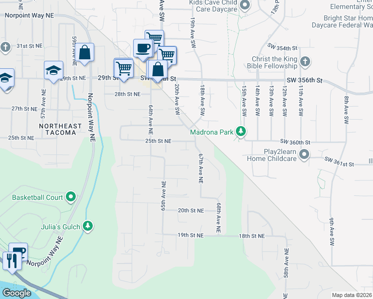 map of restaurants, bars, coffee shops, grocery stores, and more near 6510 24th Street Court Northeast in Tacoma