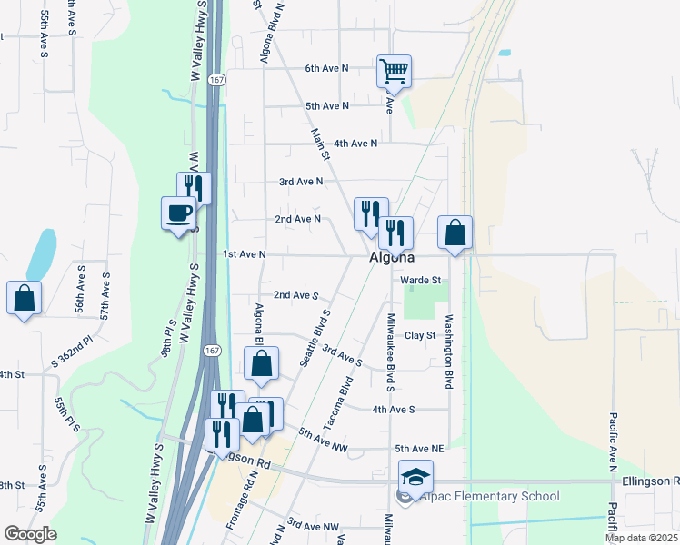 map of restaurants, bars, coffee shops, grocery stores, and more near 119 Seattle Boulevard North in Algona