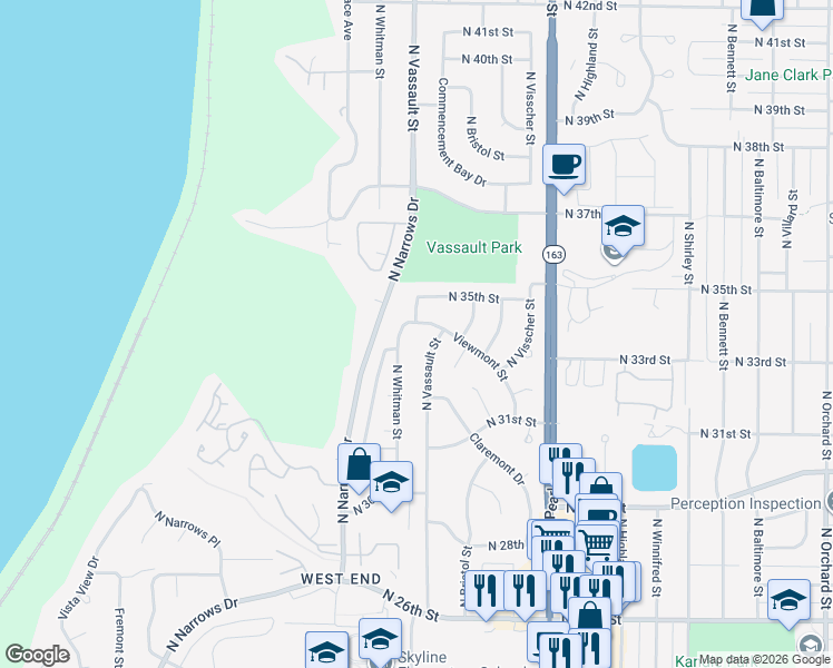 map of restaurants, bars, coffee shops, grocery stores, and more near 3329 North Whitman Street in Tacoma