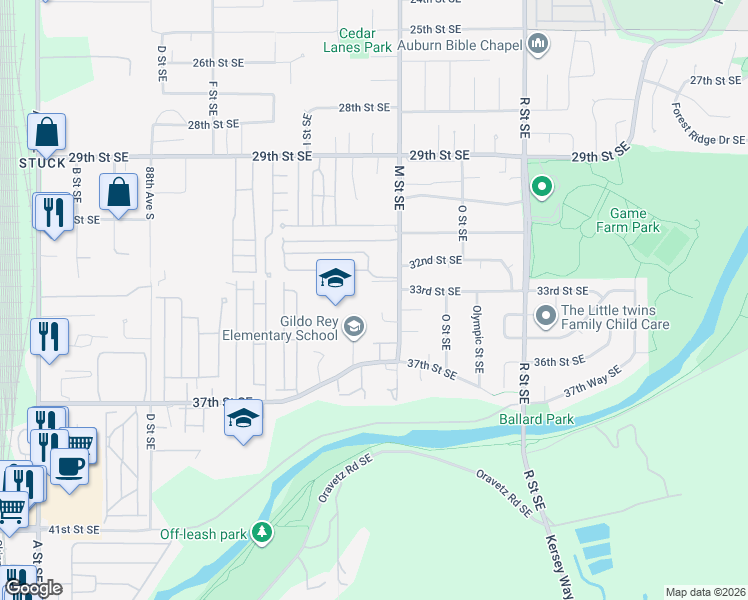 map of restaurants, bars, coffee shops, grocery stores, and more near 3407 M Place Southeast in Auburn