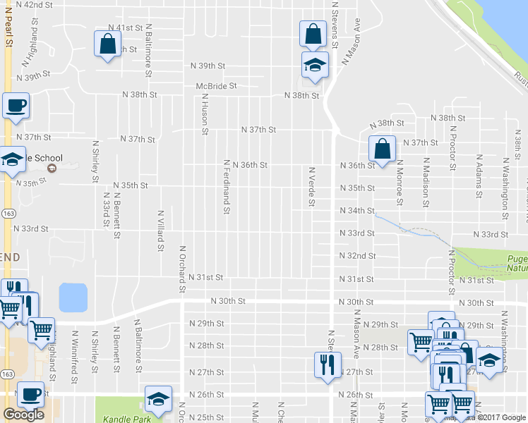 map of restaurants, bars, coffee shops, grocery stores, and more near 3322 North Gove Street in Tacoma