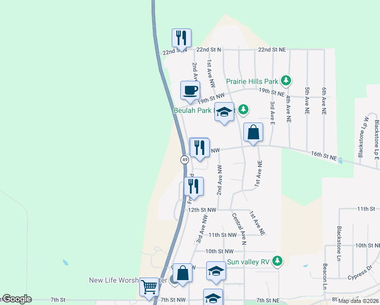 map of restaurants, bars, coffee shops, grocery stores, and more near Frontage Road in Beulah
