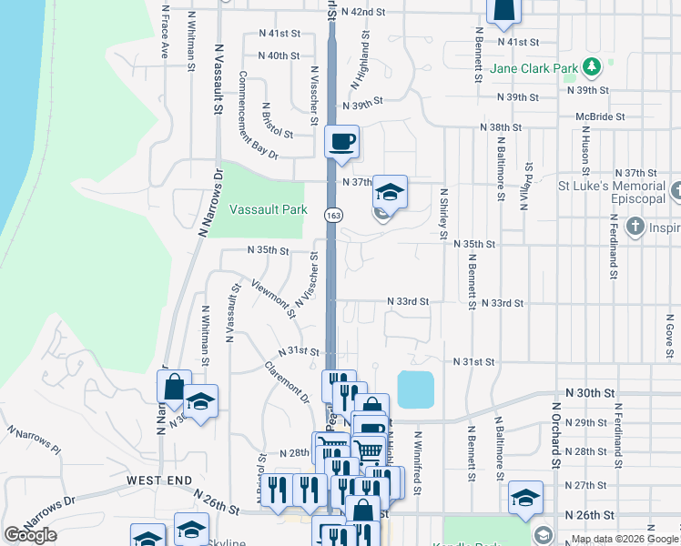 map of restaurants, bars, coffee shops, grocery stores, and more near 5821 North 33rd Street in Tacoma