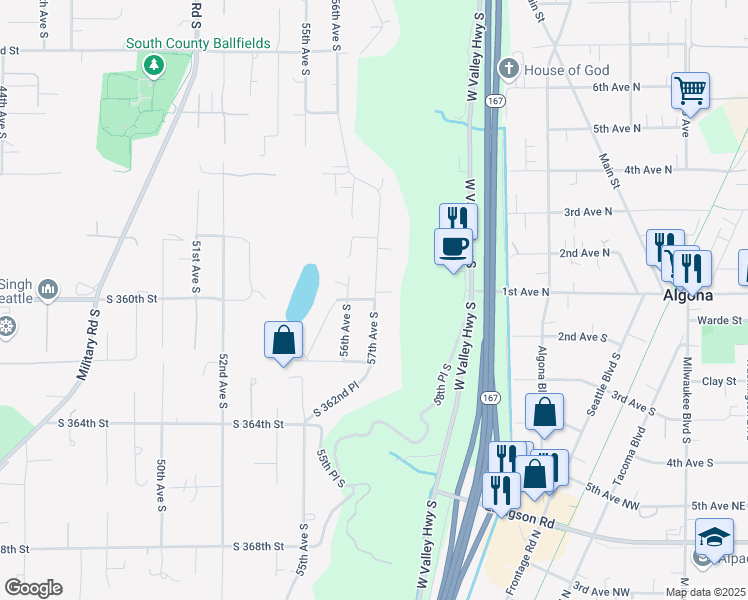 map of restaurants, bars, coffee shops, grocery stores, and more near 36021 57th Avenue South in Auburn