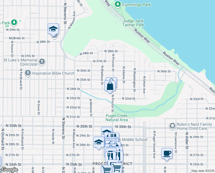 map of restaurants, bars, coffee shops, grocery stores, and more near 3920 North 34th Street in Tacoma