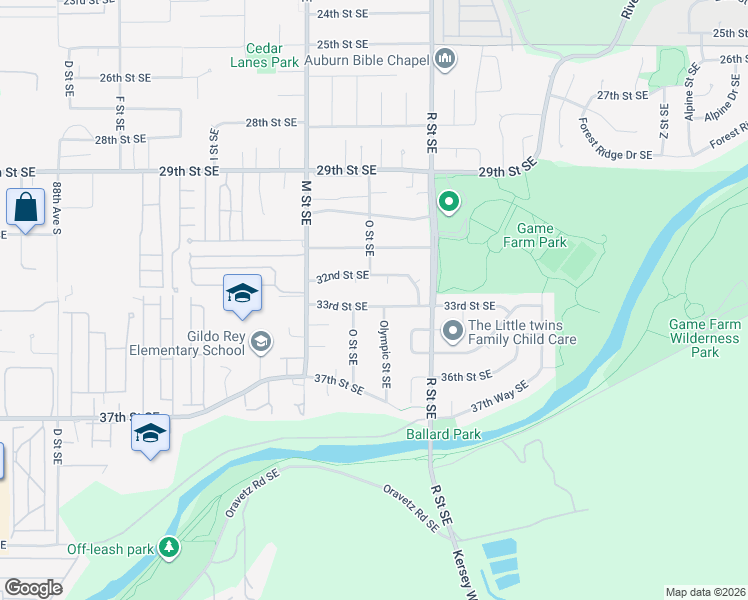 map of restaurants, bars, coffee shops, grocery stores, and more near 1425 33rd Street Southeast in Auburn