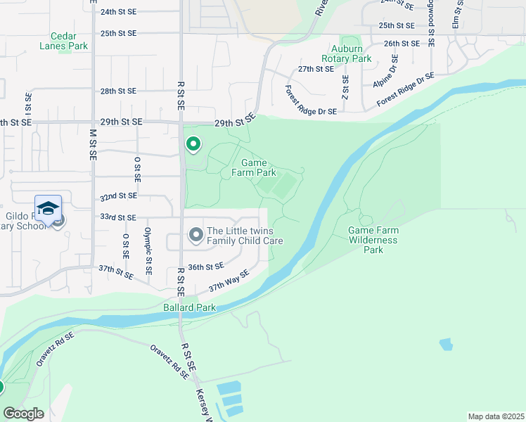 map of restaurants, bars, coffee shops, grocery stores, and more near 3228 V Street Southeast in Auburn
