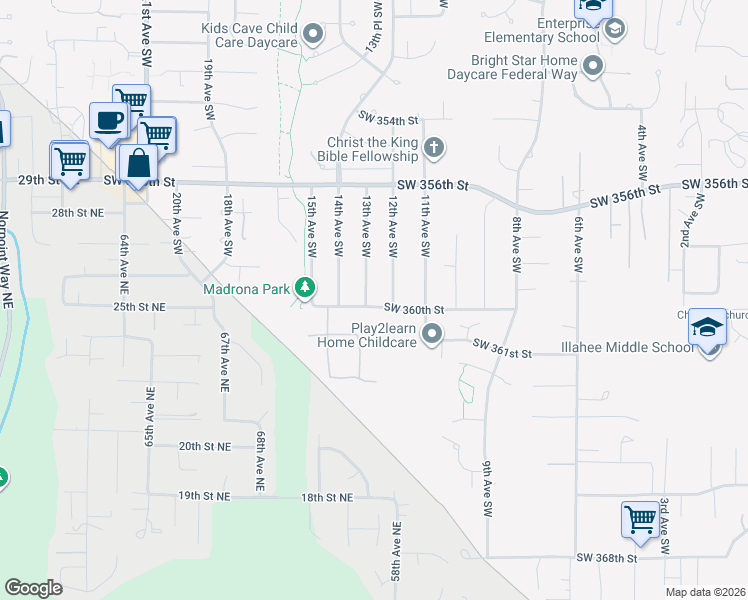 map of restaurants, bars, coffee shops, grocery stores, and more near 35819 13th Avenue Southwest in Federal Way
