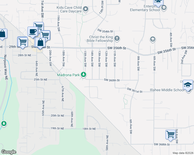 map of restaurants, bars, coffee shops, grocery stores, and more near 35819 13th Avenue Southwest in Federal Way