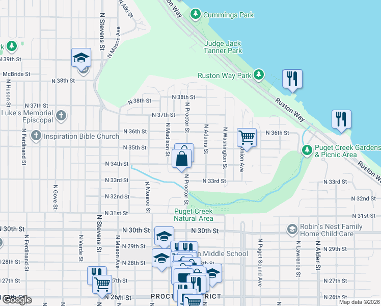 map of restaurants, bars, coffee shops, grocery stores, and more near 3515 North Proctor Street in Tacoma