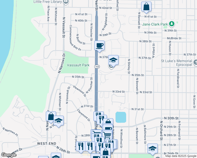 map of restaurants, bars, coffee shops, grocery stores, and more near in Tacoma