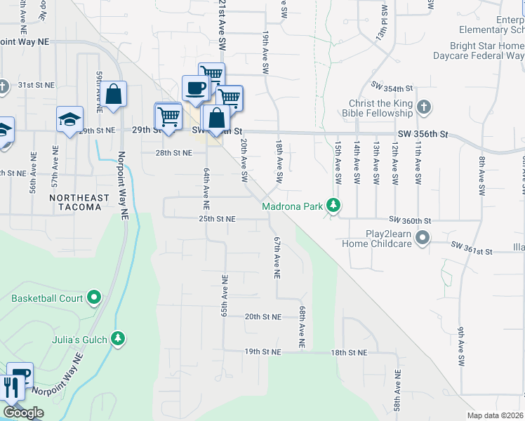 map of restaurants, bars, coffee shops, grocery stores, and more near 35912 18th Avenue Southwest in Federal Way