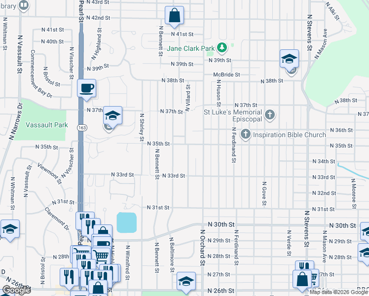 map of restaurants, bars, coffee shops, grocery stores, and more near 5127 North 35th Street in Tacoma