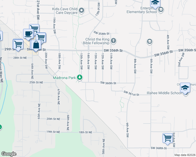 map of restaurants, bars, coffee shops, grocery stores, and more near 35844 13th Avenue Southwest in Federal Way