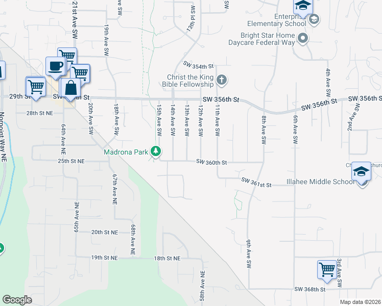 map of restaurants, bars, coffee shops, grocery stores, and more near 35844 13th Avenue Southwest in Federal Way