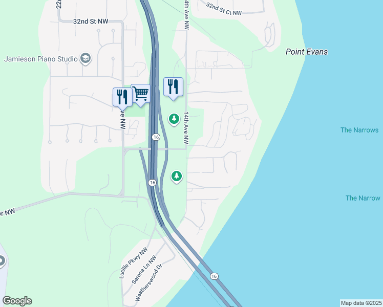 map of restaurants, bars, coffee shops, grocery stores, and more near 1321 Aqua Vista Drive Northwest in Gig Harbor